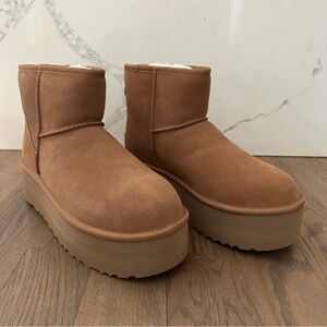 NIB UGG Classic Mini Platform Boots in Chestnut Brown Suede Size 10 M